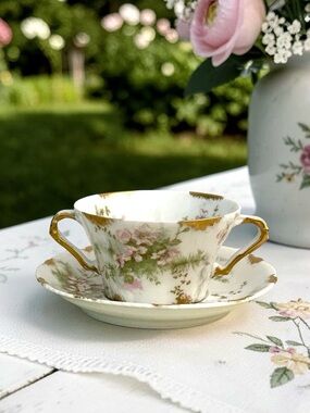 Antique Floral Haviland Limoges Bone China Tea Cup & Saucer - Pink Floral